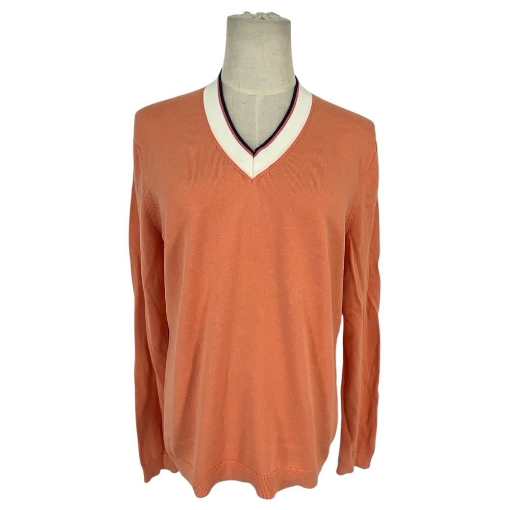 Brooks Brothers 346 Womens XL Supima Cotton V-Neck Sweater Coral Orange Contrast